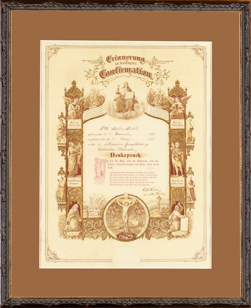 Historic confirmation certificate from 1899 Custom matted and framed by Walcott Studio, Columbus, Wisconsin. Call 414-418-2893 for appointment.