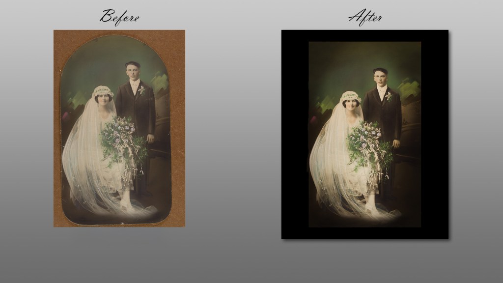 Digitally enhanced wedding photo after removing discoloration and extending the background. Walcott Studio, Columbus, WI.